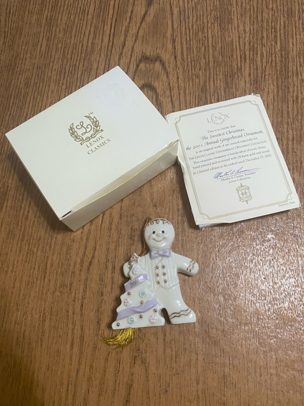 Lenox White and Lavender Porcelain Gingerbread Ornament with Gold Accents
